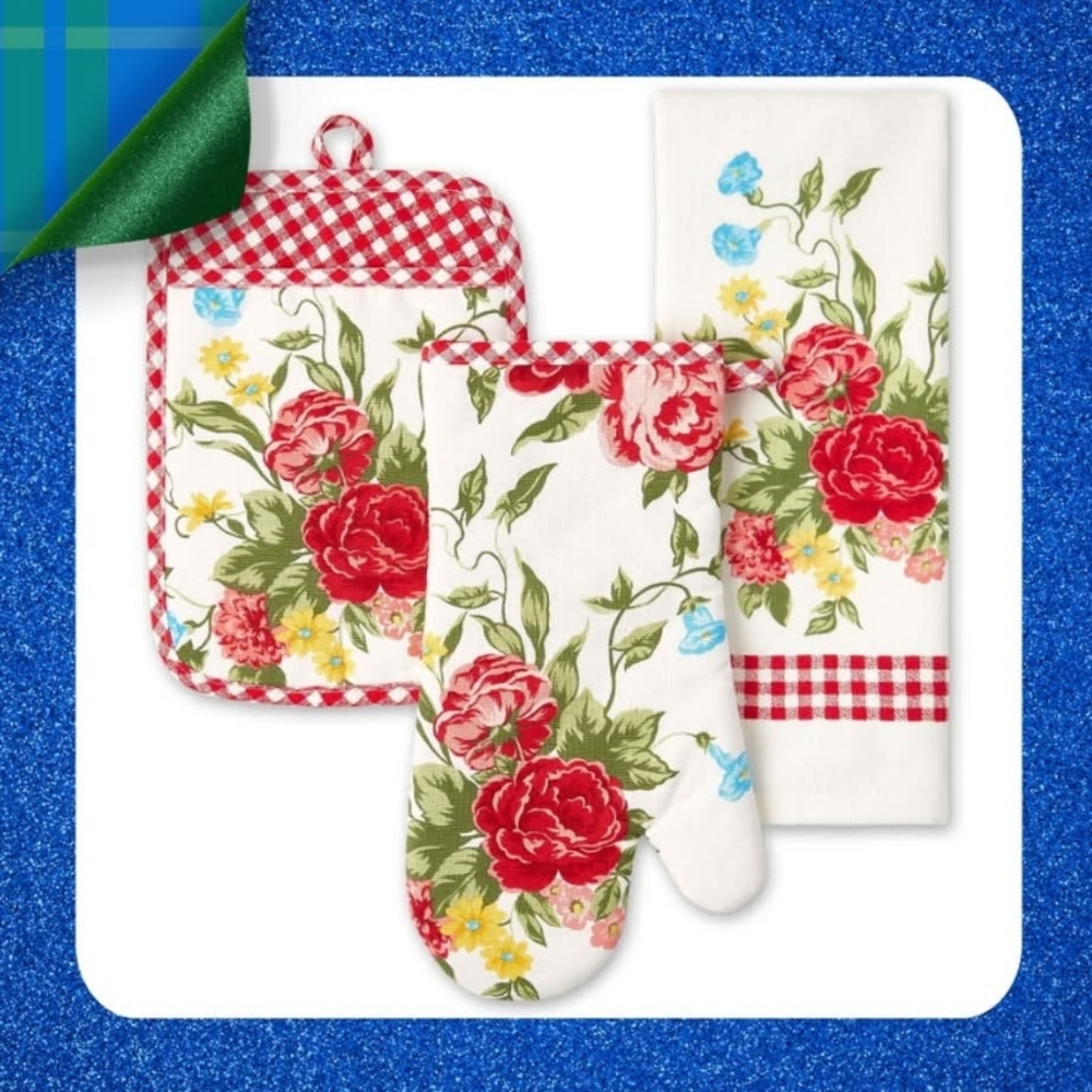 💕 New Pioneer Woman Sweet Rose Oven Mitts & Towel Set